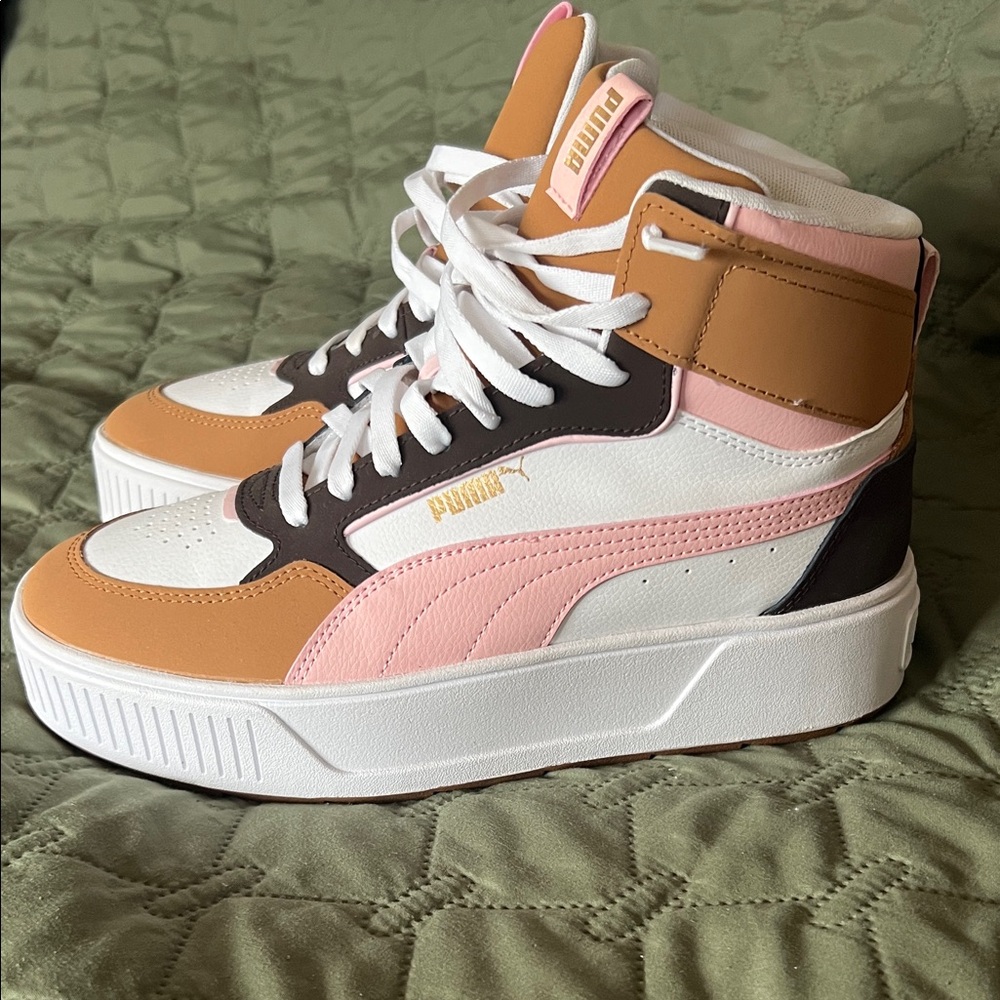 Puma Women's High-Top Sneakers - Pink, White, Tan, and Brown Shoes platform